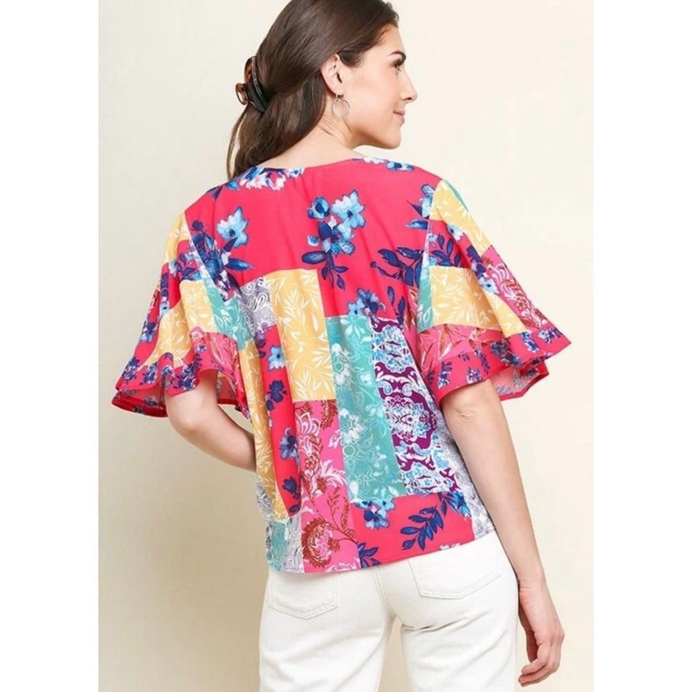 Umgee Mock Wrap Crossbody Flutter Sleeve Mixed Print Top - Picture 3 of 15
